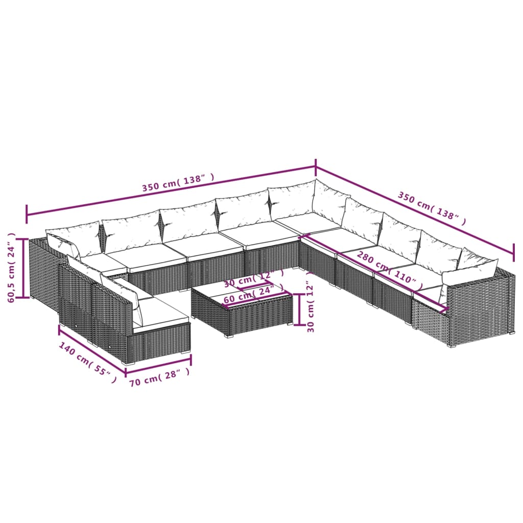 vidaXL 12-delige Loungeset met kussens poly rattan bruin