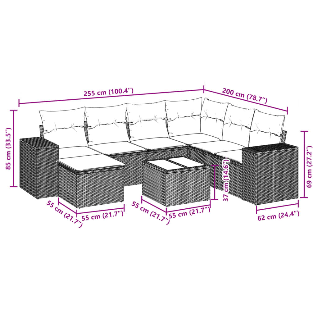 vidaXL 8-delige Loungeset met kussens poly rattan grijs