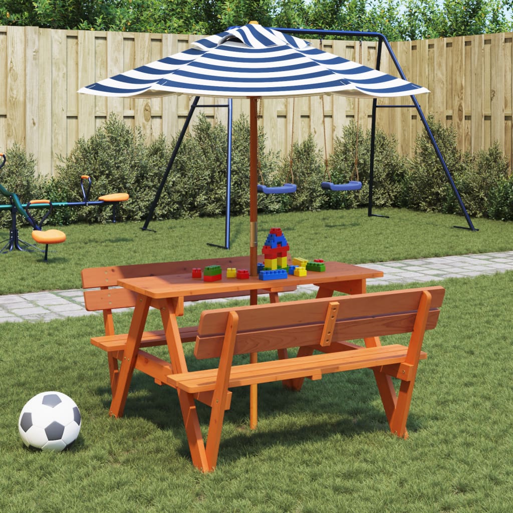 vidaXL Picknicktafel voor 4 kinderen met parasol massief vurenhout