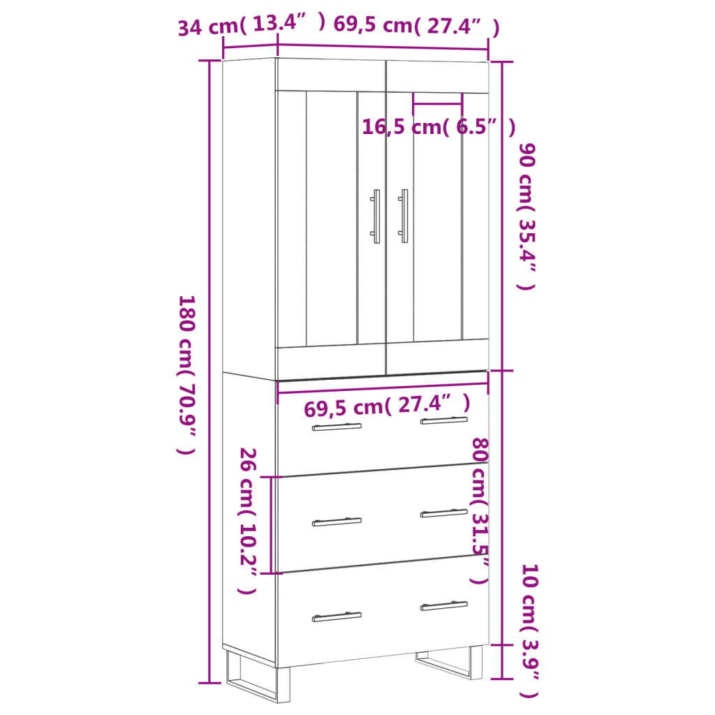 vidaXL Hoge kast 69,5x34x180 cm bewerkt hout betongrijs