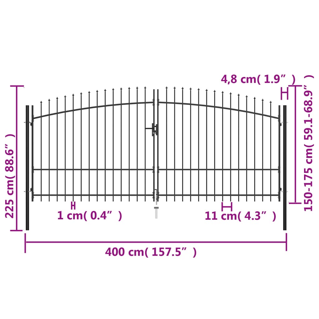 vidaXL Hekpoort dubbele deur met speren bovenkant 400x225 cm