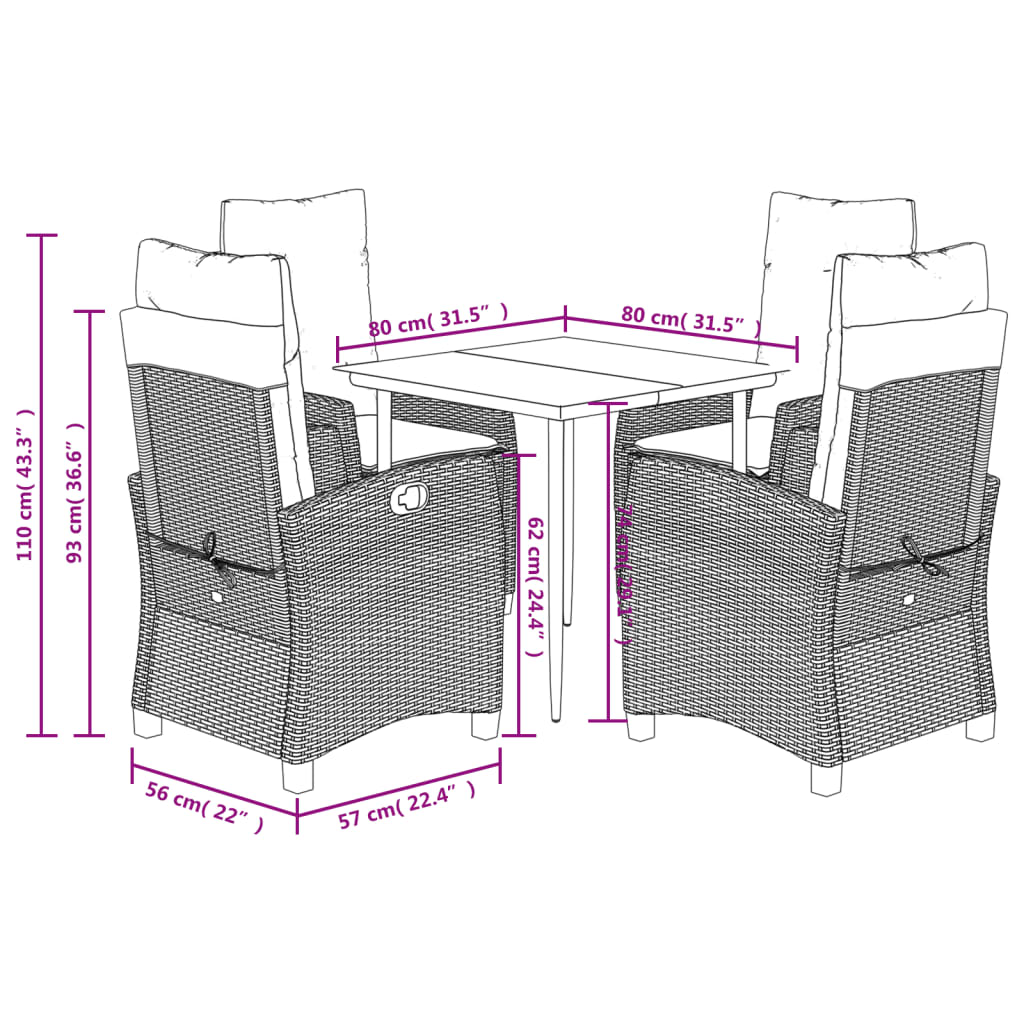 vidaXL 5-delige Tuinset met kussens poly rattan bruin