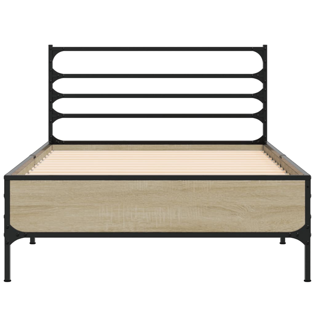 vidaXL Bedframe bewerkt hout en metaal sonoma eikenkleurig 90x190 cm