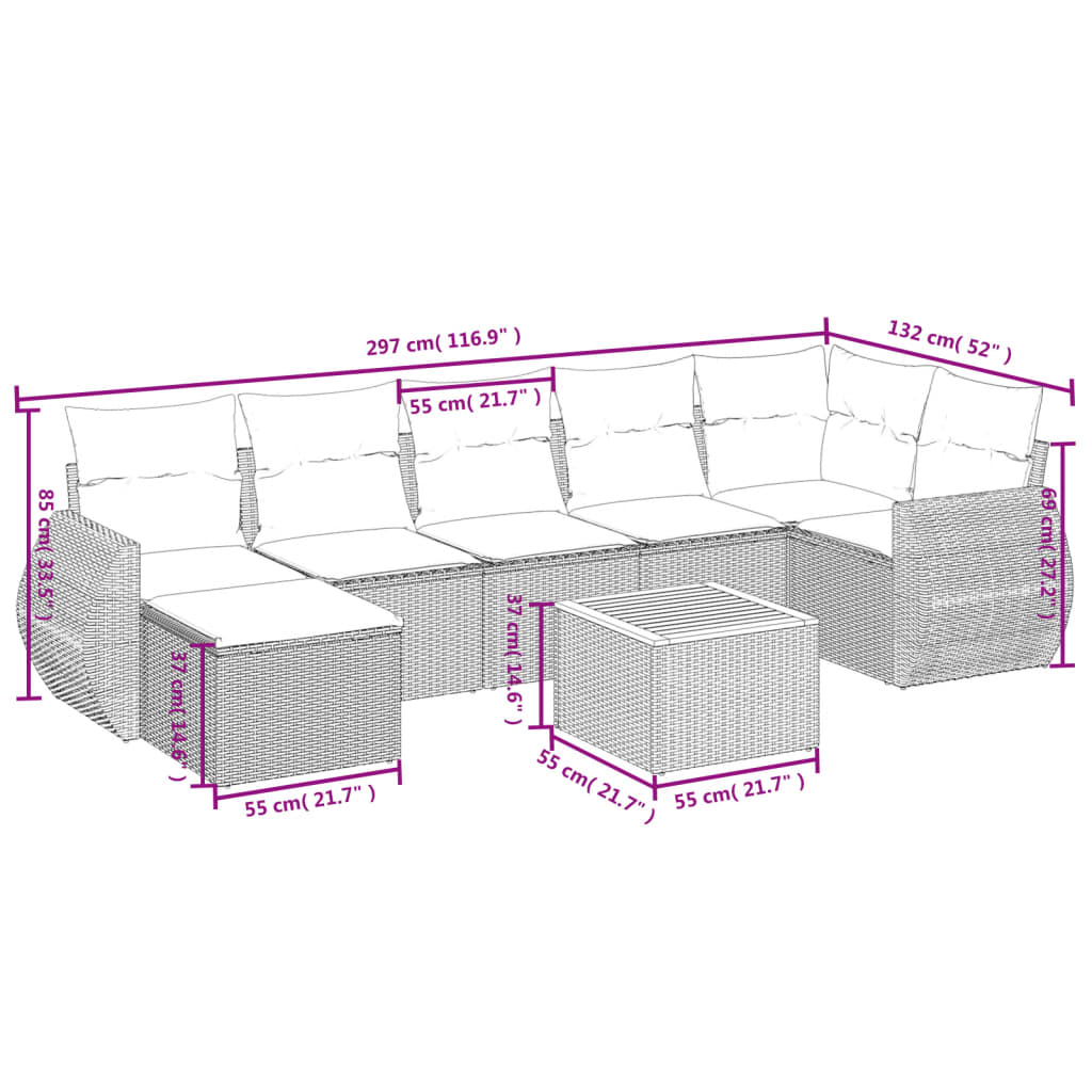 vidaXL 8-delige Loungeset met kussens poly rattan grijs