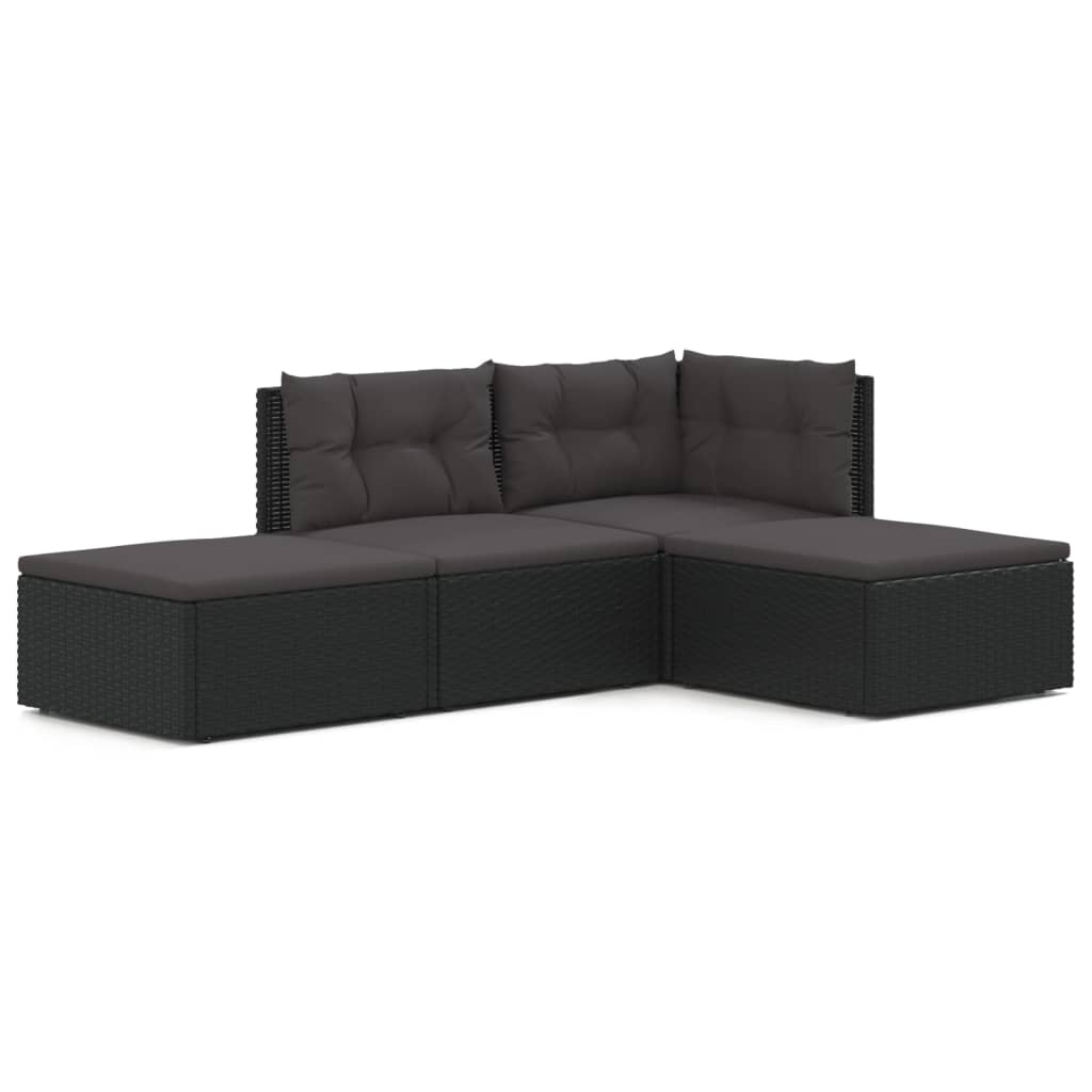 vidaXL 4-delige Loungeset met kussens poly rattan zwart