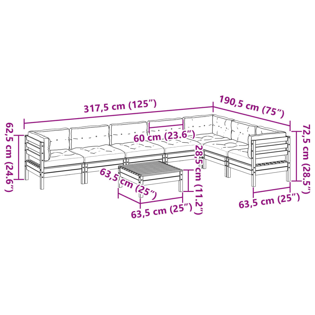 vidaXL 8-delige Loungeset met kussens massief grenenhout wasbruin