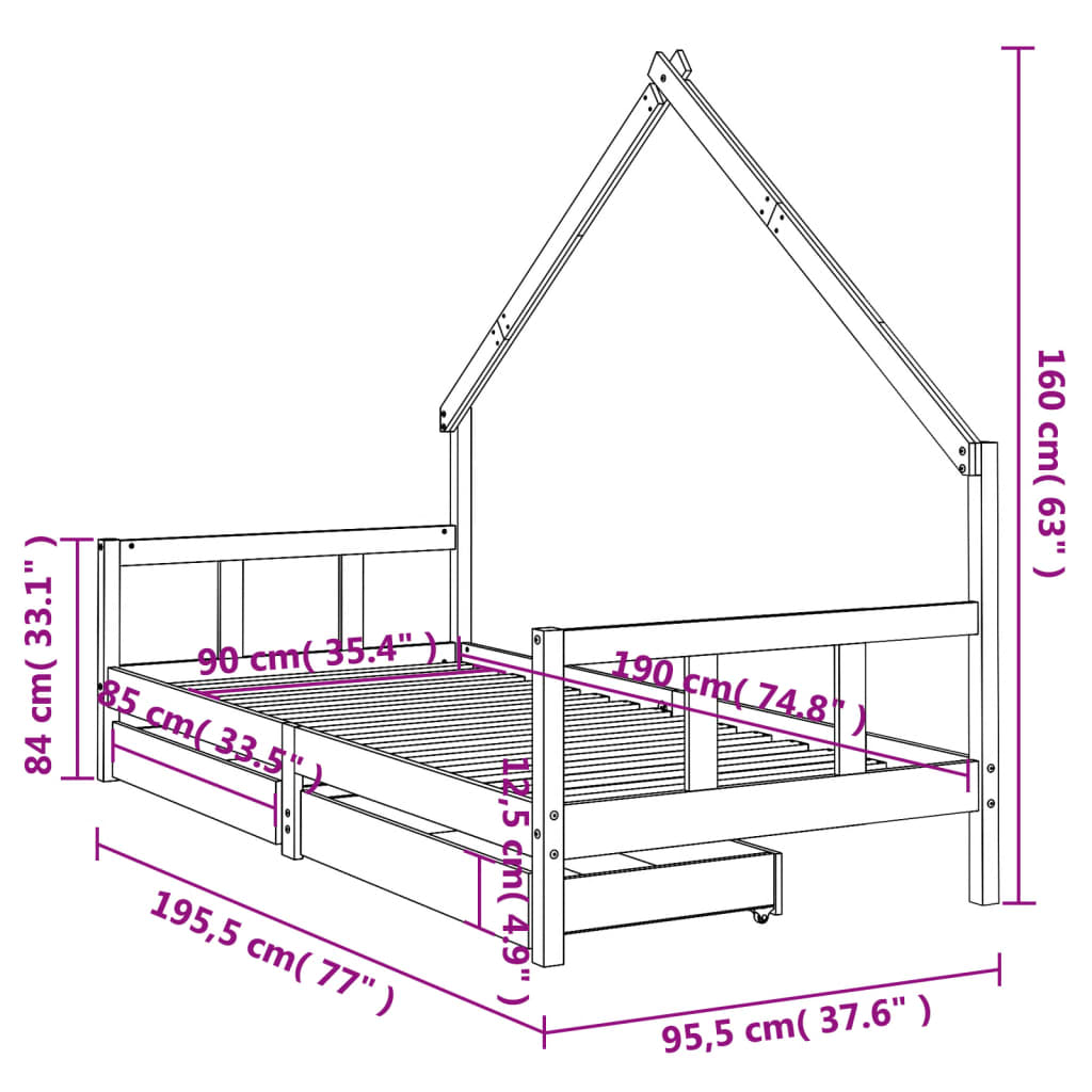 vidaXL Kinderbedframe met lades 90x190 cm massief grenenhout