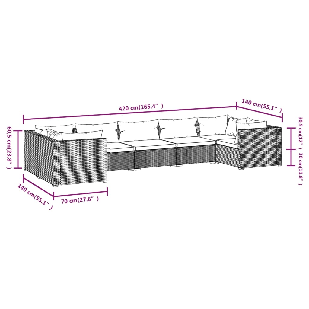 vidaXL 7-delige Loungeset met kussens poly rattan bruin