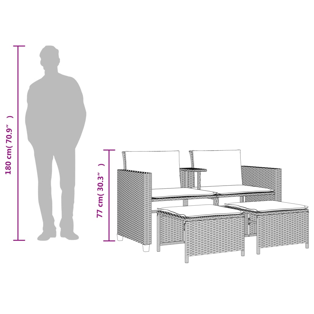 vidaXL Tuinbank 2-zits tafel en voetenbanken poly rattan lichtgrijs