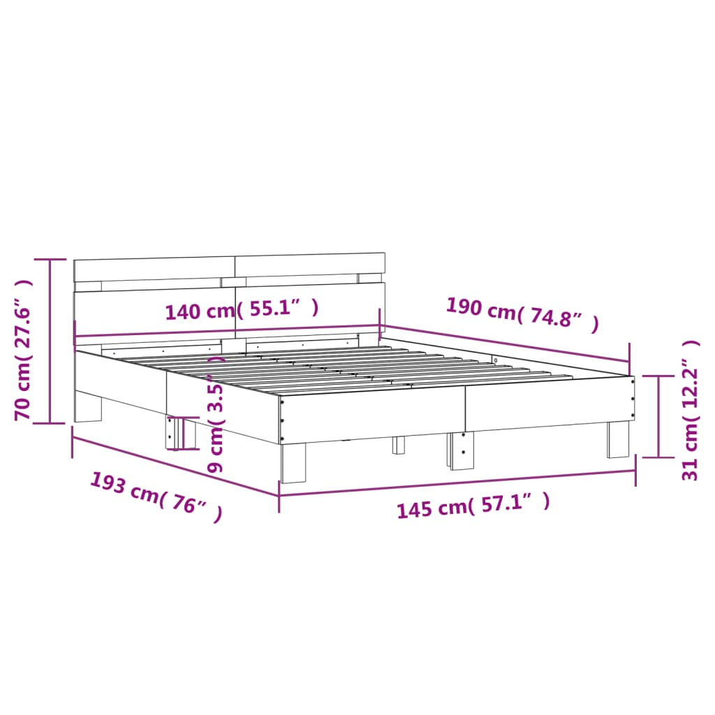 vidaXL Bedframe met hoofdeinde bewerkt hout bruineikenkleur 140x190 cm