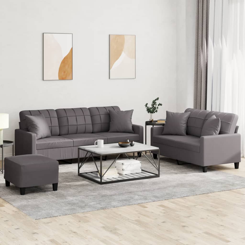 vidaXL 3-delige Loungeset met kussens kunstleer grijs