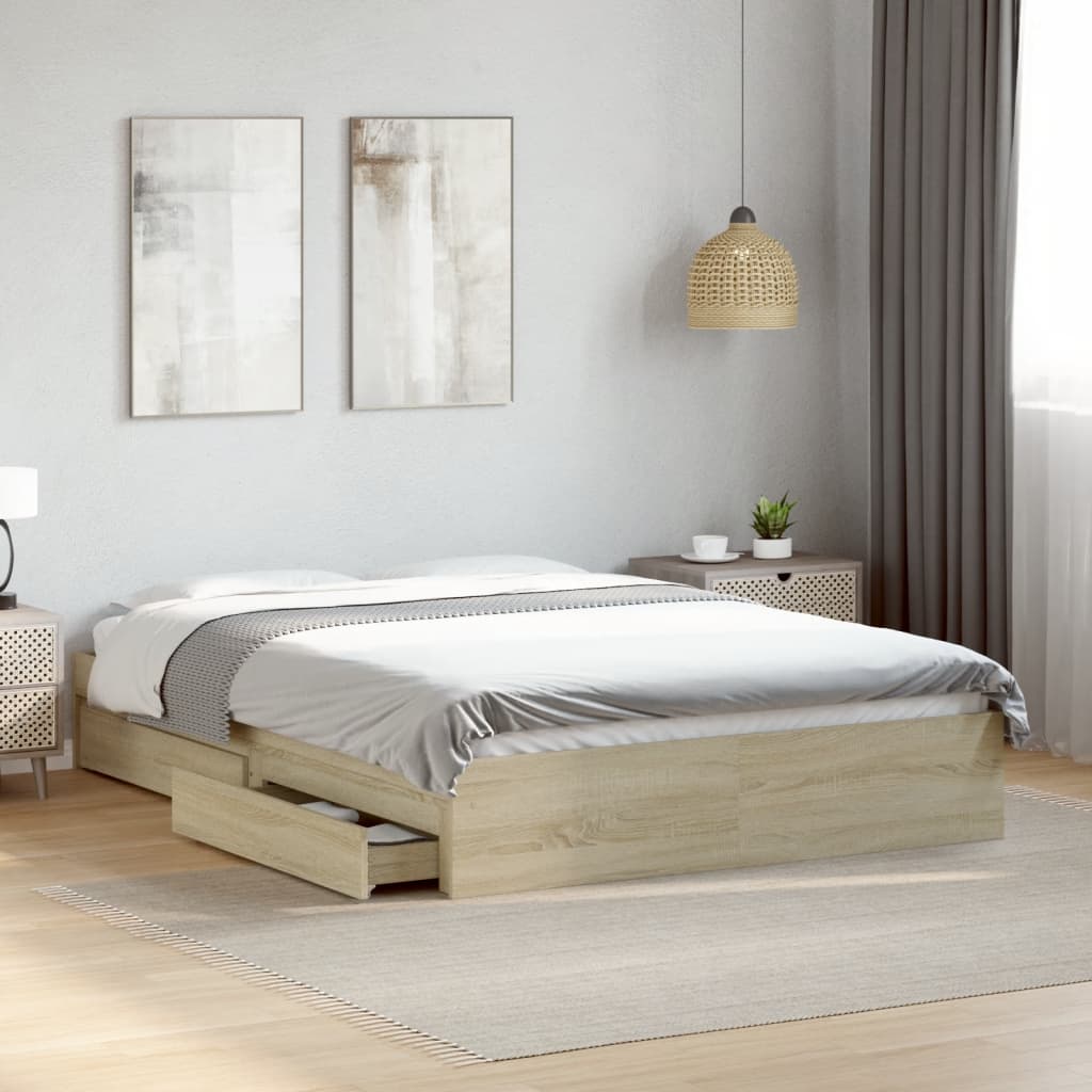 vidaXL Bedframe met lades bewerkt hout sonoma eikenkleurig 140x190 cm