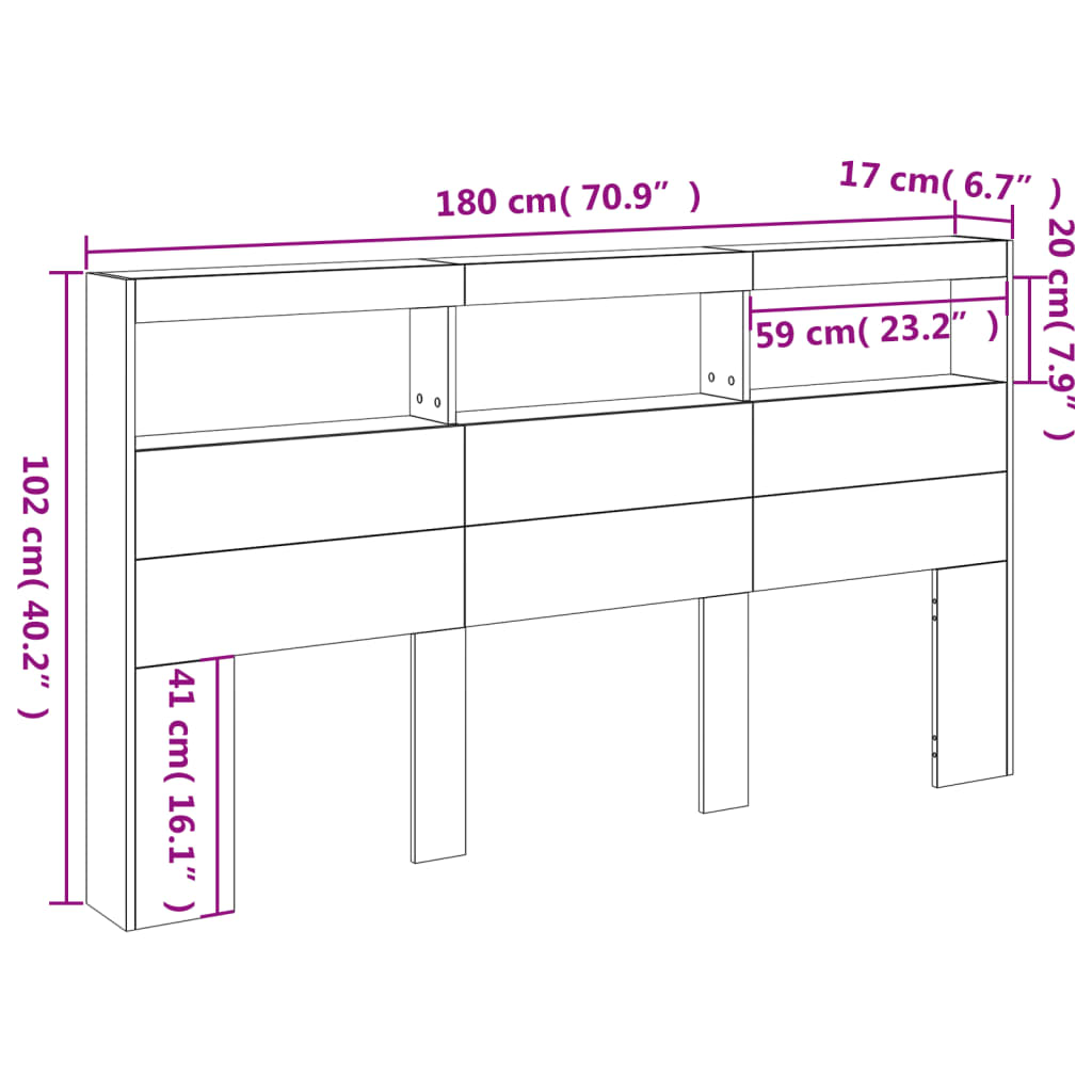 vidaXL Hoofdbordkast met LED-verlichting 180x17x102 cm zwart