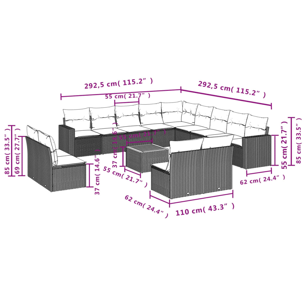 vidaXL 14-delige Loungeset met kussens poly rattan zwart