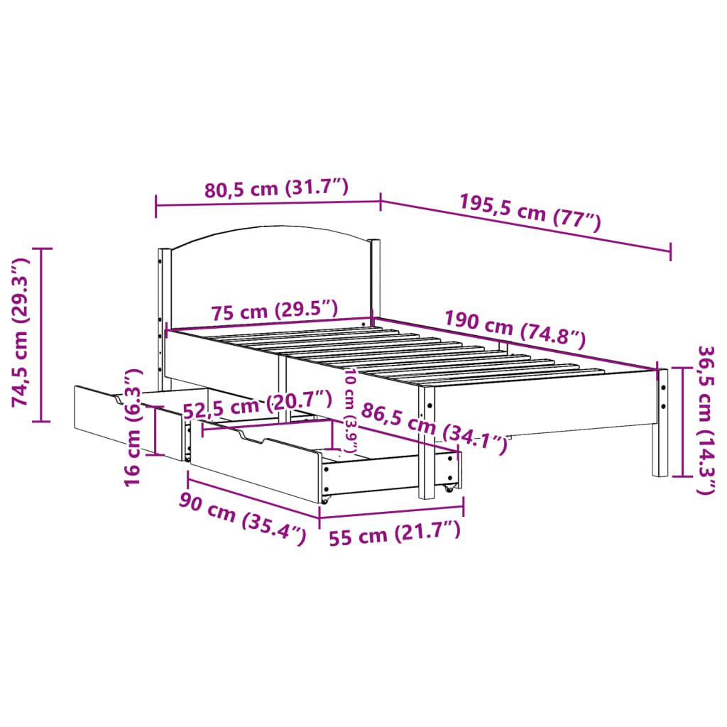 vidaXL Bedframe zonder matras massief grenenhout 75x190 cm