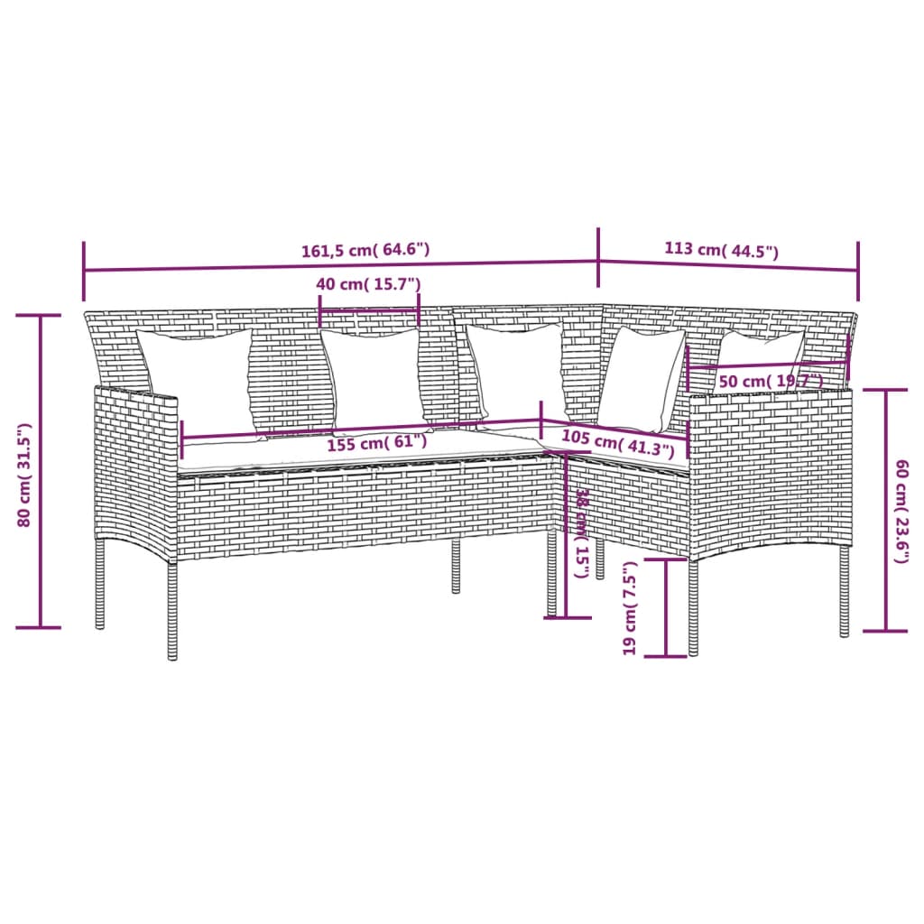 vidaXL Loungebank met kussens L-vormig poly rattan zwart