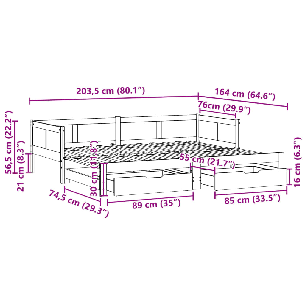 vidaXL Slaapbank met onderschuifbed en lades zonder matras 80x200 cm