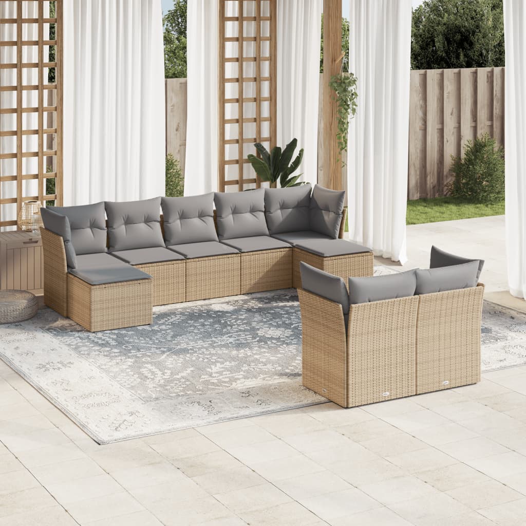 vidaXL 9-delige Loungeset met kussens poly rattan beige