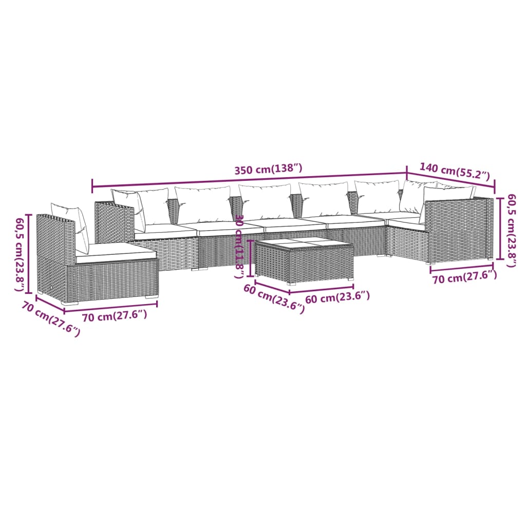 vidaXL 8-delige Loungeset met kussens poly rattan zwart