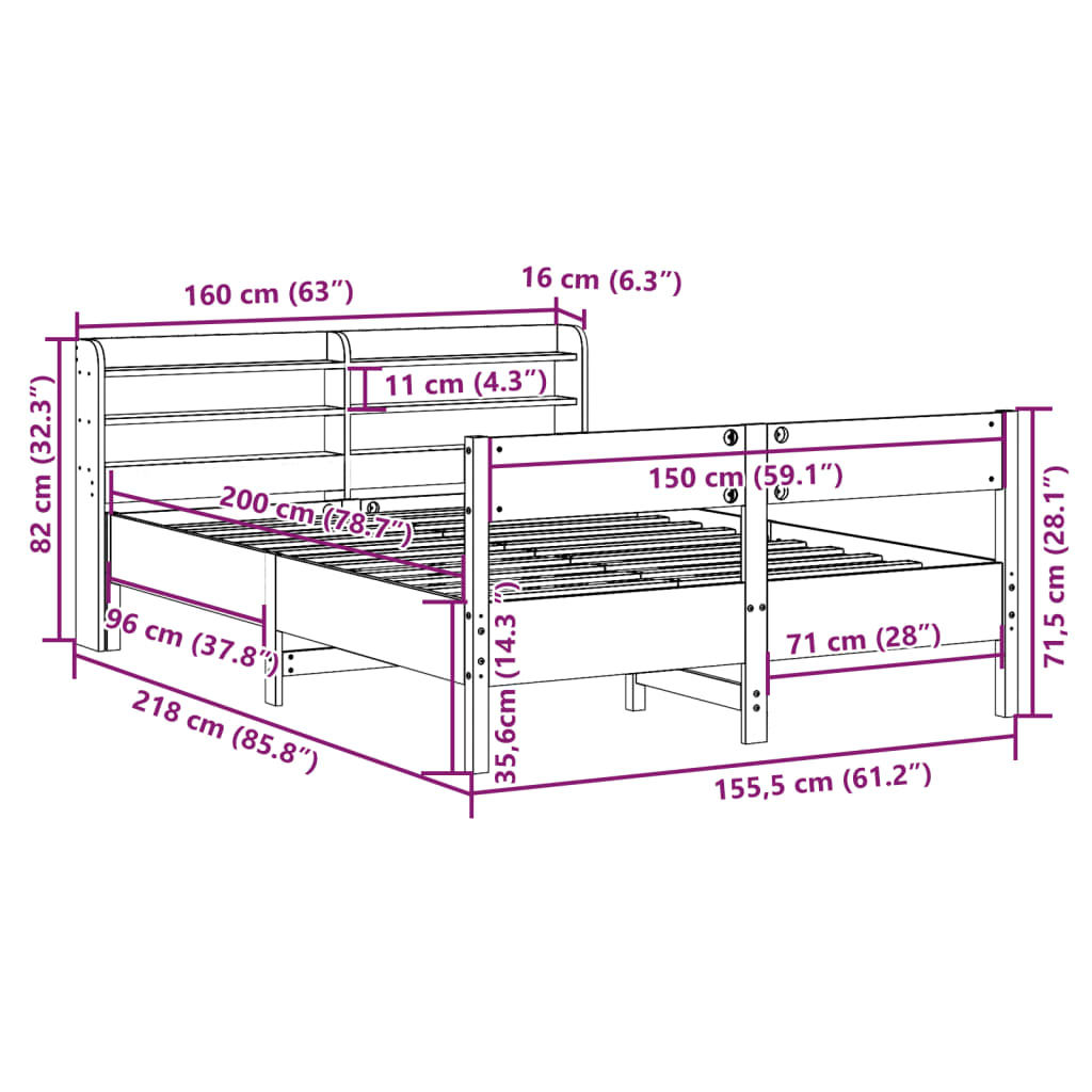 vidaXL Bedframe zonder matras massief grenenhout wit 150x200 cm