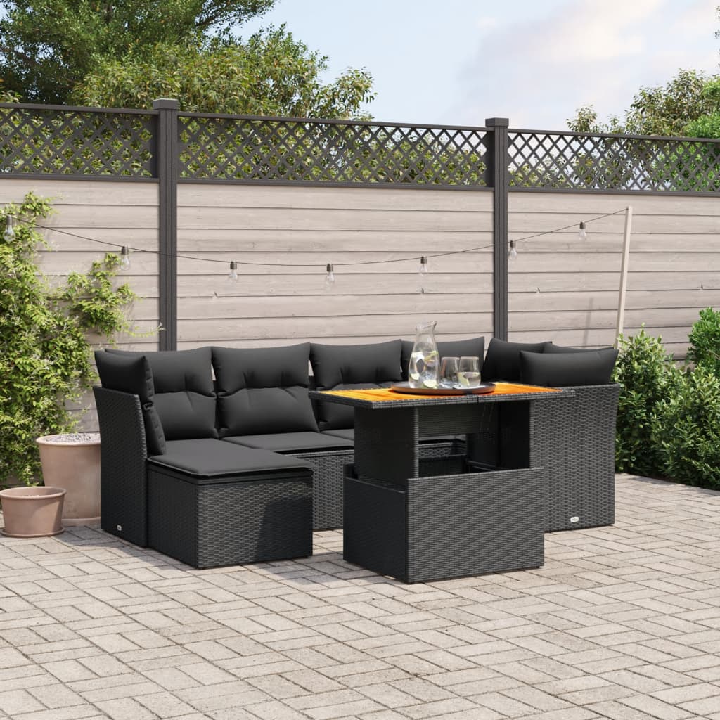 vidaXL 7-delige Loungeset met kussens poly rattan zwart