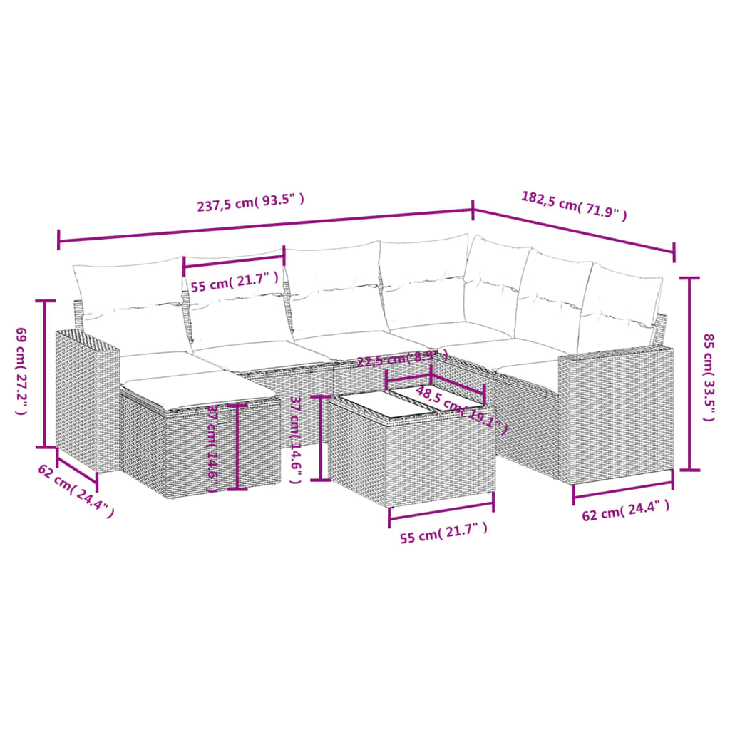 vidaXL 8-delige Loungeset met kussens poly rattan lichtgrijs