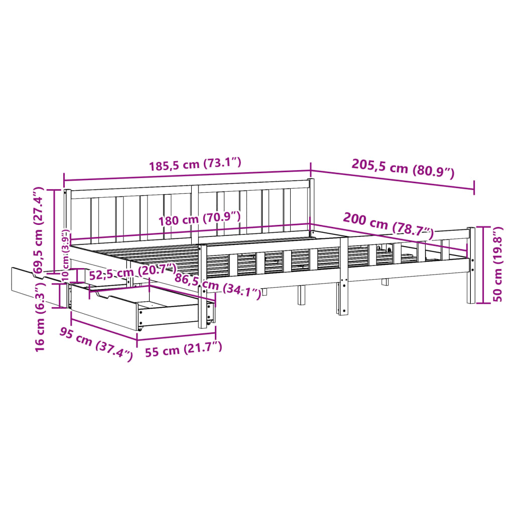 vidaXL Bedframe zonder matras massief grenenhout wit 180x200 cm