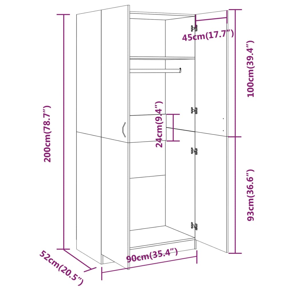 vidaXL Kledingkast 90x52x200 cm bewerkt hout grijs sonoma eikenkleurig