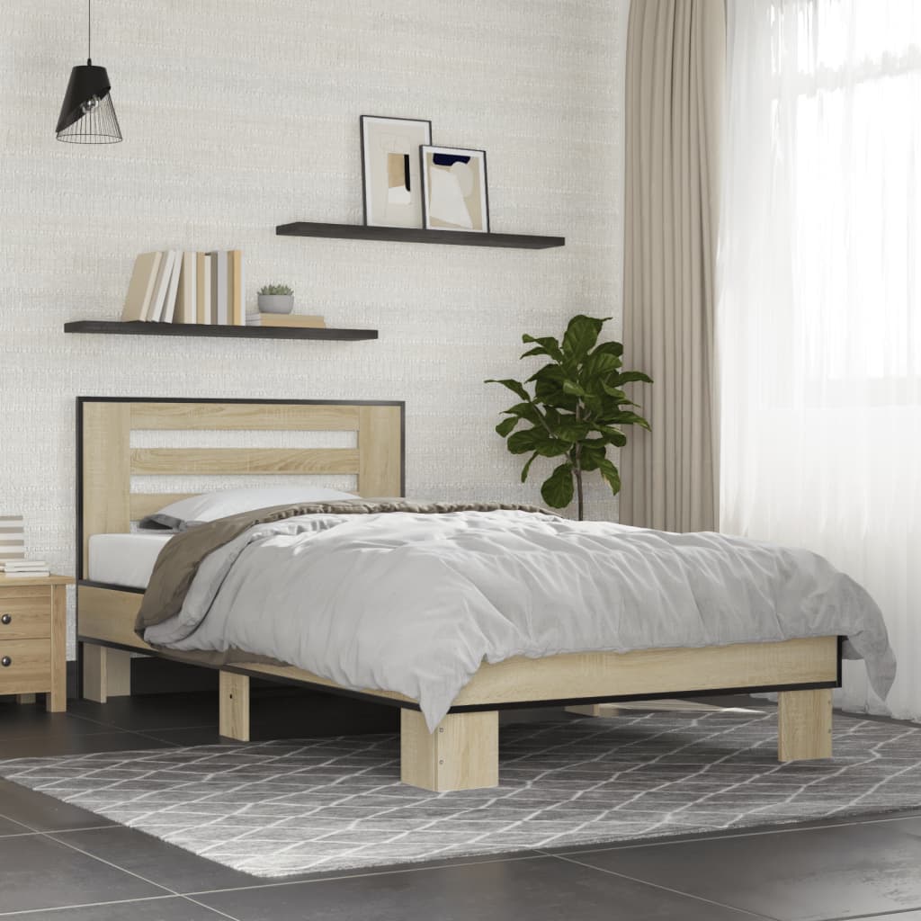 vidaXL Bedframe bewerkt hout en metaal sonoma eikenkleurig 75x190 cm