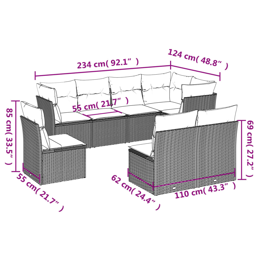 vidaXL 8-delige Loungeset met kussens poly rattan zwart