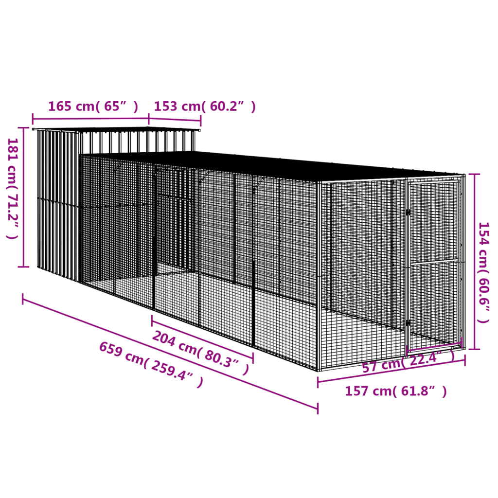 vidaXL Kippenhok met ren 165x659x181 cm staal lichtgrijs