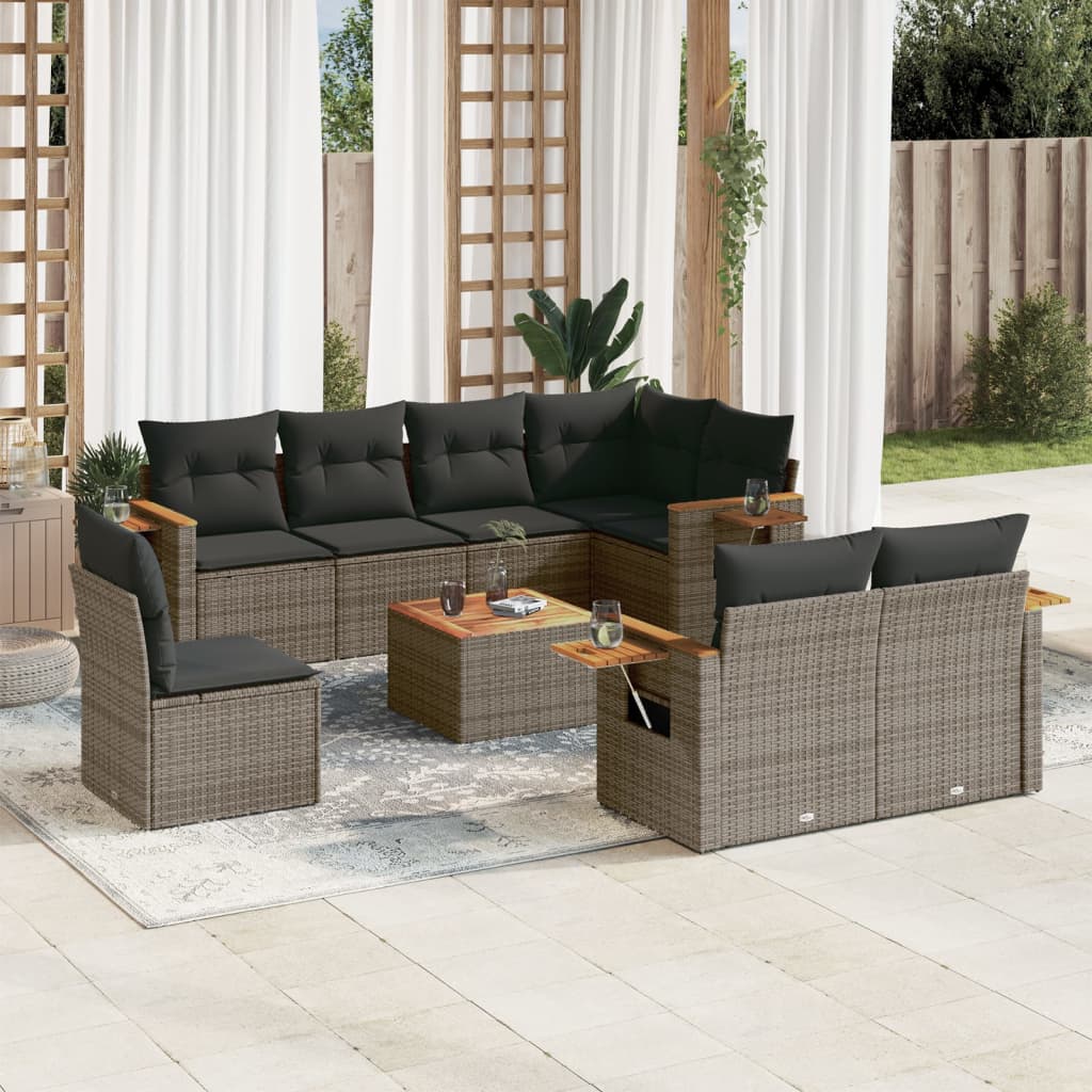 vidaXL 9-delige Loungeset met kussens poly rattan grijs