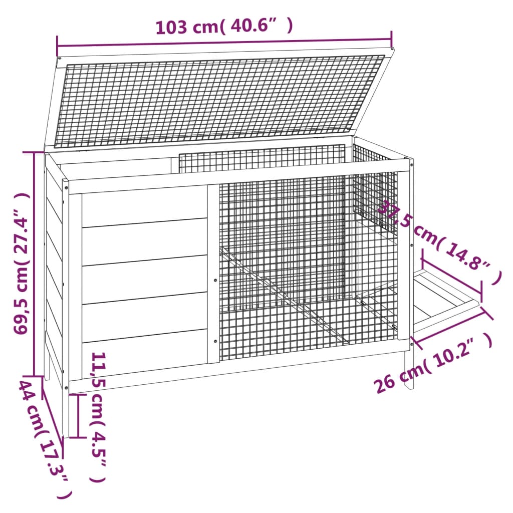 vidaXL Konijnenhok 103x44x69,5 cm massief grenenhout bruin