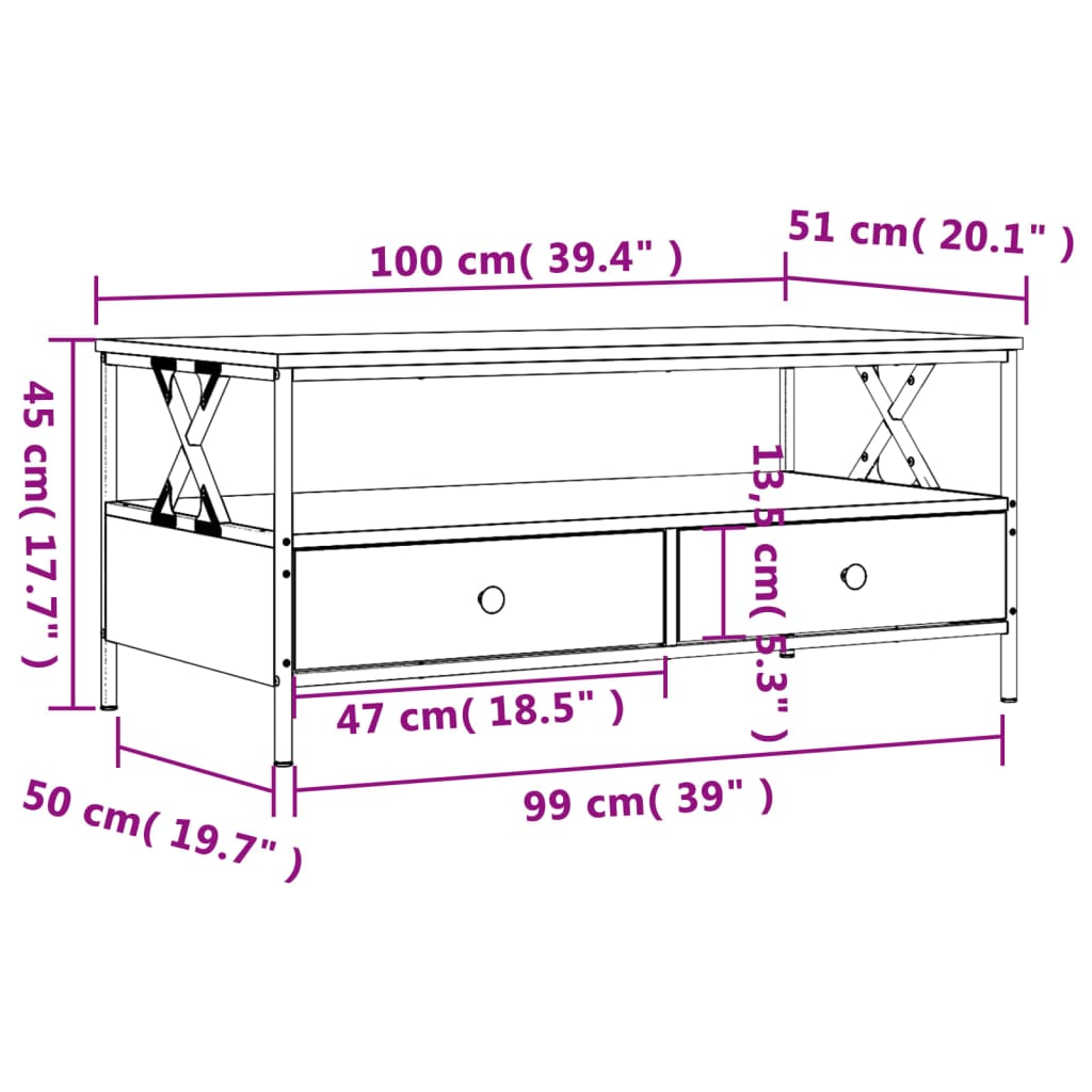 vidaXL Salontafel 100x51x45 cm bewerkt hout sonoma eikenkleurig