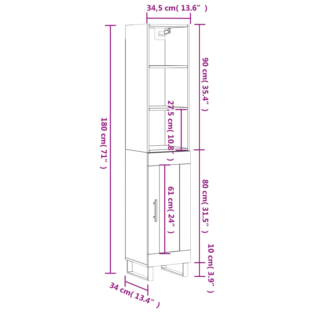 vidaXL Hoge kast 34,5x34x180 cm bewerkt hout betongrijs