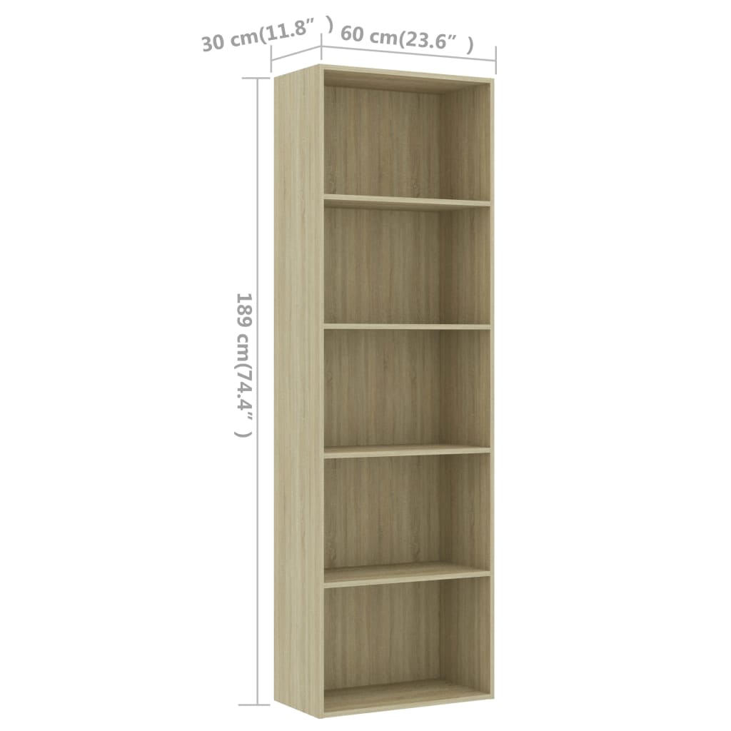 vidaXL Boekenkast met 5 schappen 60x30x189cm bewerkt hout sonoma eiken