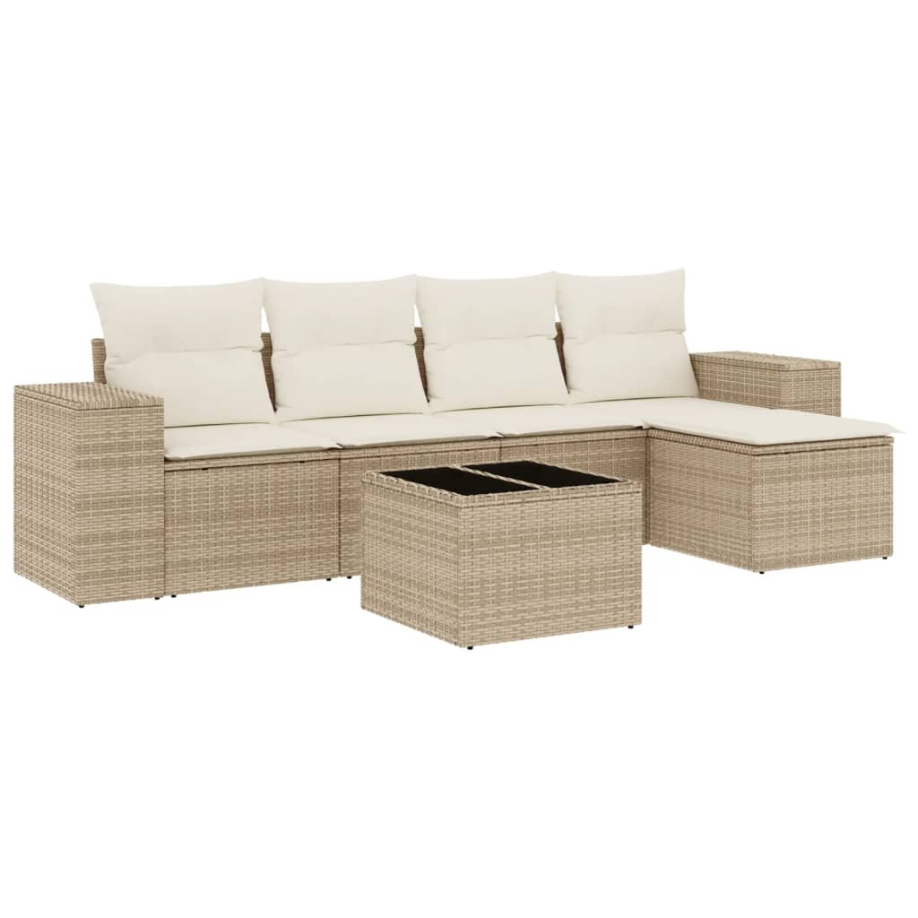 vidaXL 6-delige Loungeset met kussens poly rattan beige