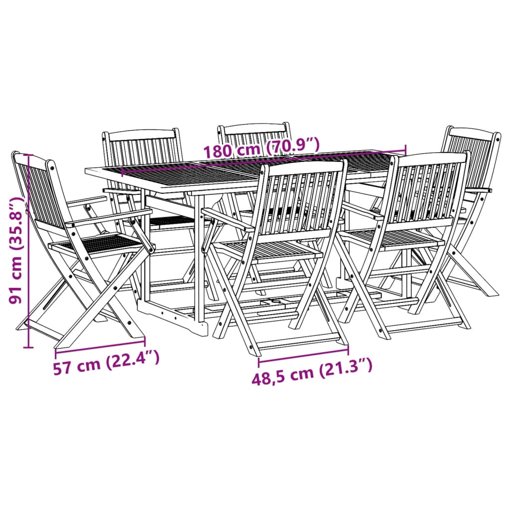 vidaXL 7-delige Tuinset 180x90x75 cm massief acaciahout