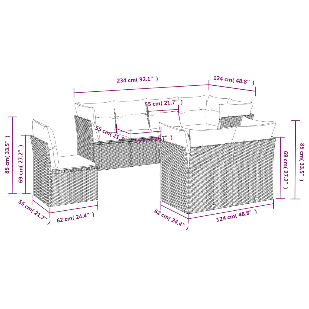 vidaXL 8-delige Loungeset met kussens poly rattan beige