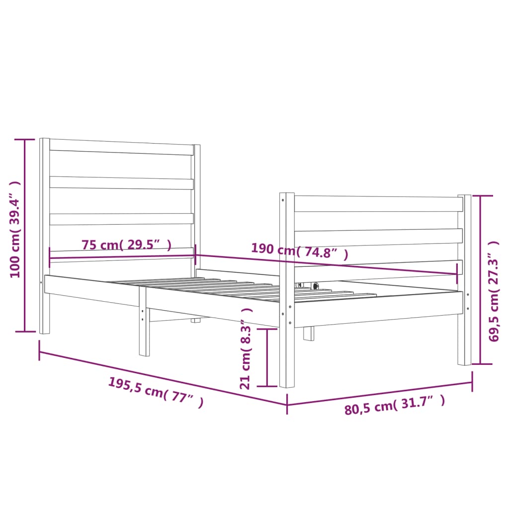 vidaXL Bedframe massief grenenhout zwart 75x190 cm