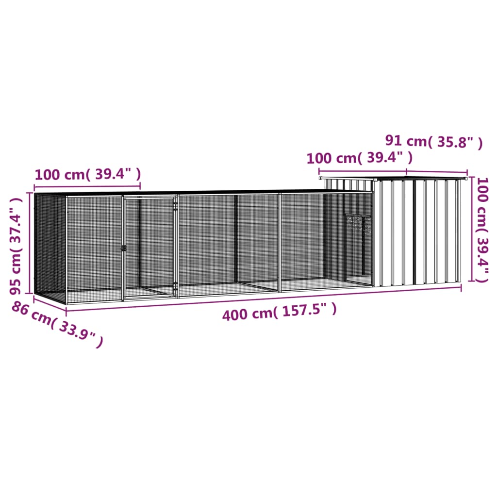 vidaXL Kippenhok 400x91x100 cm gegalvaniseerd staal antracietkleurig