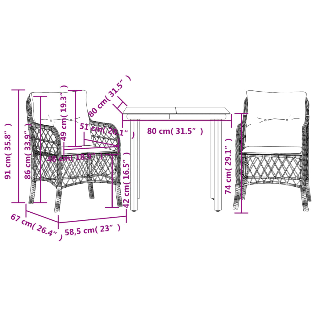 vidaXL 3-delige Bistroset met kussens poly rattan zwart