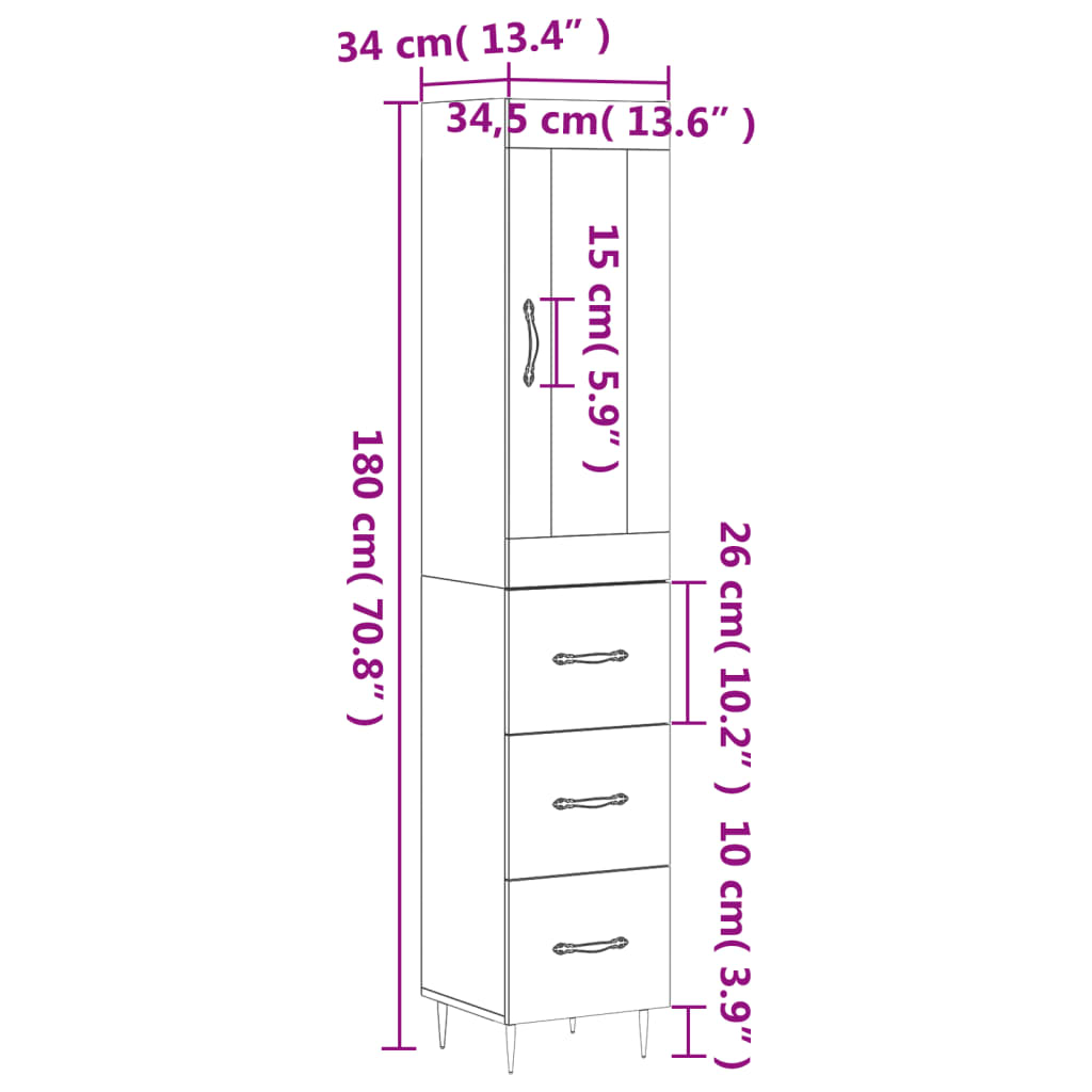 vidaXL Hoge kast 34,5x34x180 cm bewerkt hout grijs sonoma eikenkleurig