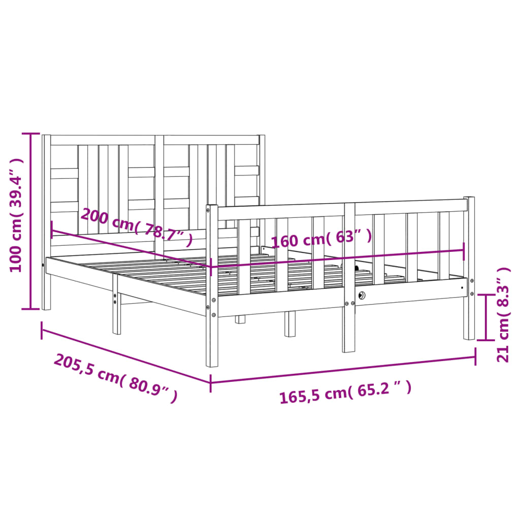 vidaXL Bedframe met hoofdbord massief hout zwart 160x200 cm