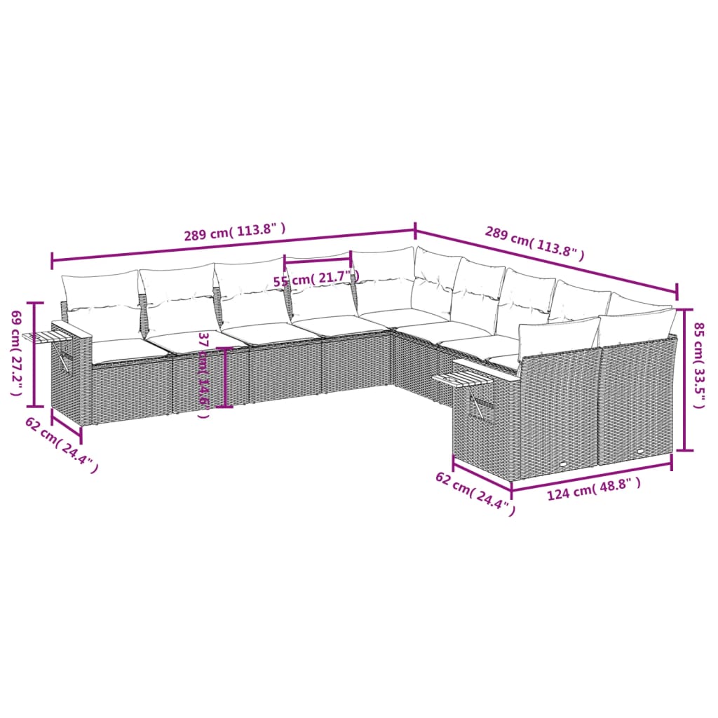 vidaXL 10-delige Loungeset met kussens poly rattan grijs