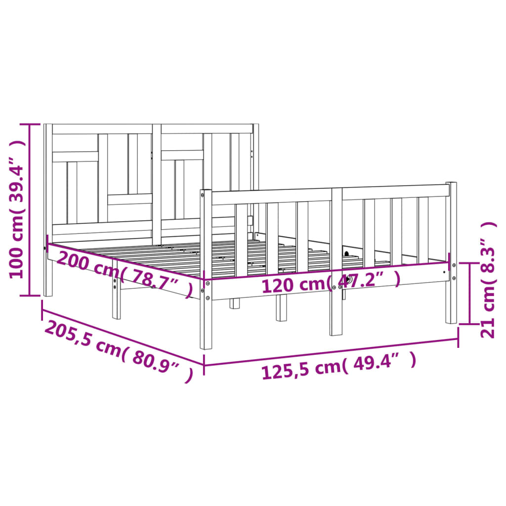 vidaXL Bedframe met hoofdbord massief hout wit 120x200 cm