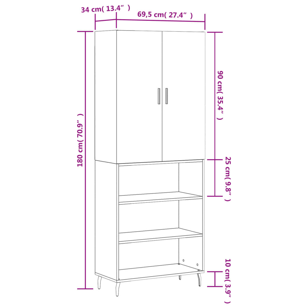 vidaXL Hoge kast 69,5x34x180 cm bewerkt hout bruin eikenkleur