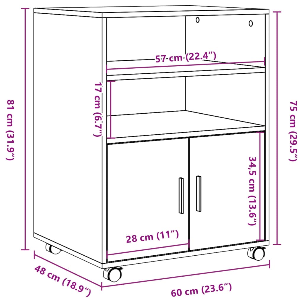 vidaXL Rolkast 60x48x81 cm bewerkt hout grijs sonoma eikenkleurig