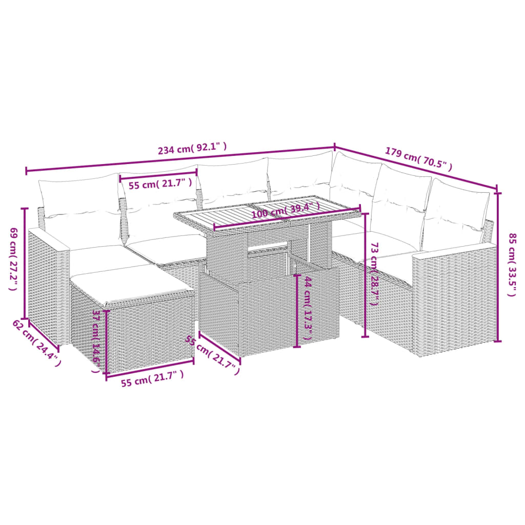 vidaXL 8-delige Loungeset met kussens poly rattan zwart