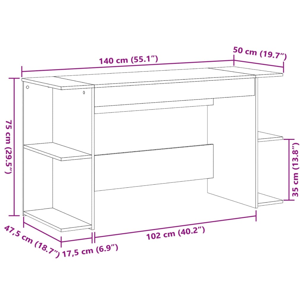 vidaXL Bureau 140x50x75 cm bewerkt hout bruin eikenkleur